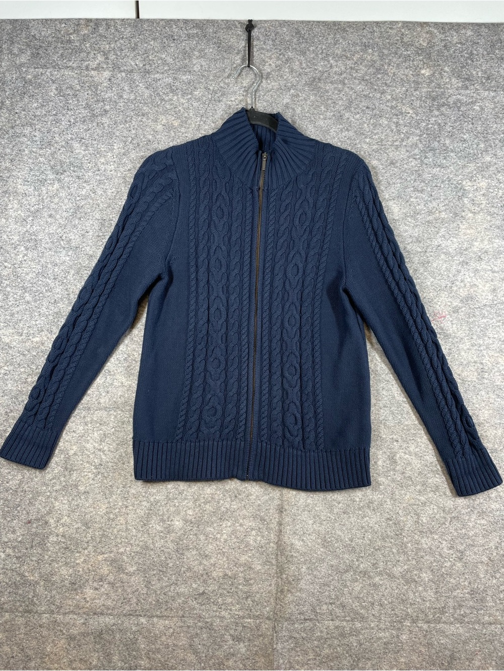 LL Bean Navy Blue Cable Knit Cotton Zip Cardigan Sweater Medium Fisherman Preppy